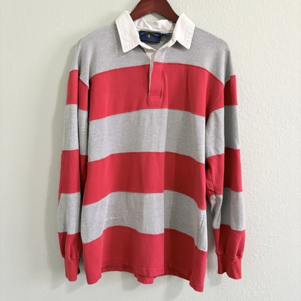 Vintage Apparel Workshop Rugby Shirt Men's Large Red Gray Stripe Distressed Polo